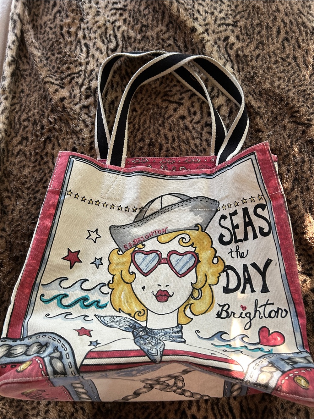 Brighton Canvas Tote in Cream, Red and Blue with Nautical Artwork